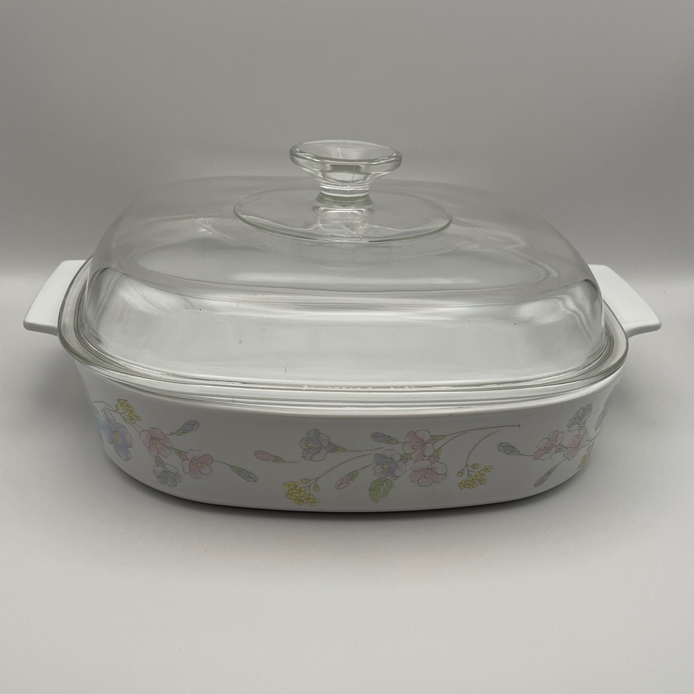 Vintage CorningWare Pastel Bouquet Square‎ Baking Dish with Glass Lid See NOTE